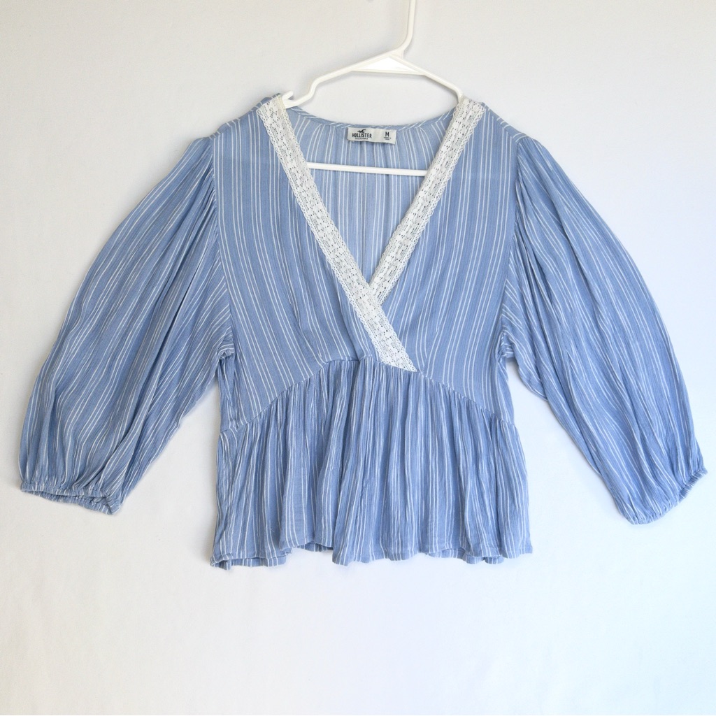 Hollister Peplum Baby Blue Peasant Blouse Lace Trim Coastal Striped Boho Women M